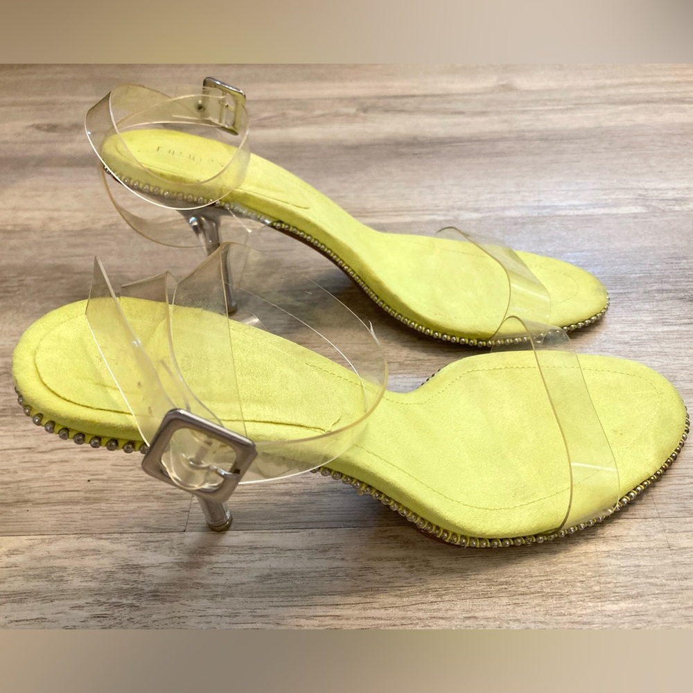 Fashion Nova Neon Yellow Green Heels Silver Studs Clear Adjustable Straps 8.5